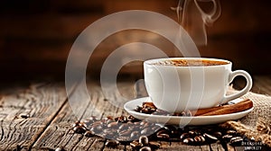 Steaming coffee cup with fragrant cinnamon and roasted coffee beans for a delightful aroma