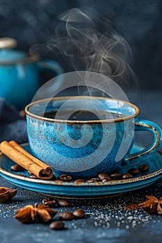 Steaming coffee cup with fragrant cinnamon and roasted coffee beans for a rich aroma