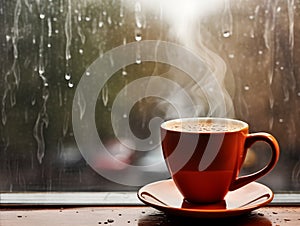 Steaming coffee cup on a rainy day window background, AI Generative.