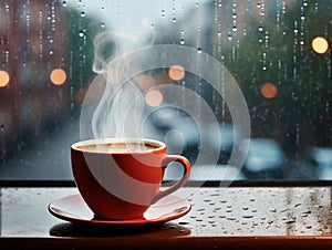 Steaming coffee cup on a rainy day window background, AI Generative