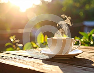 Steaming Coffee Cup on Rustic Wooden Table with Soft Shadows