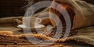 Steaming coffee cup with spilled roasted beans from burlap sack in rustic scene, AI-generated.