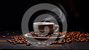 Steaming coffee cup surrounded by coffee beans on dark background