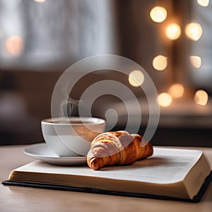 Steaming coffee and fresh croissant on an open book in a cozy cafe