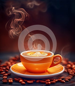 Steaming coffee with latte art surrounded by coffee beans