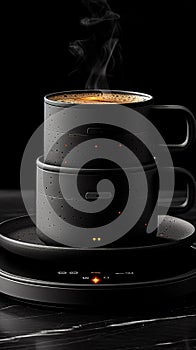 Steaming coffee in a modern black cup on a warming base., Generated AI