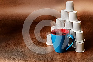 Steaming Coffee and Pod Pyramid Copper Background Copyspace