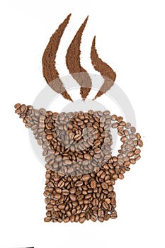 Steaming coffepot by beans