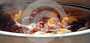 Steaming Crawfish in Steel Pot