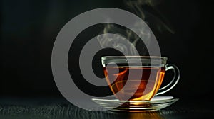 Steaming cup of aromatic tea in a clear glass cup on a reflective black surface