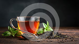 The steaming cup of aromatic tea with fresh leaves and loose leaves AI generated image