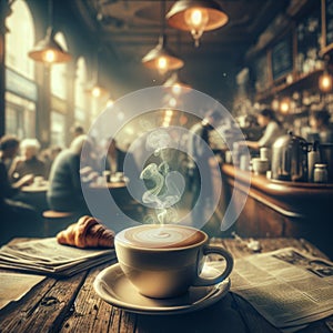 A steaming cup of Cafe au Lait with a softly blurred cafe background. AI generated. photo