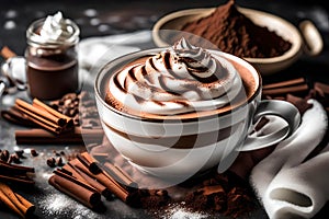 A steaming cup of cocoa with a swirl of whipped cream and cocoa powder on top
