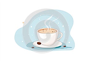 Steaming cup of coffee on blue background with coffee beans