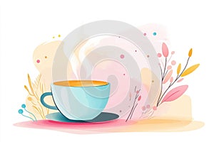 Steaming cup of coffee on blue background with coffee beans