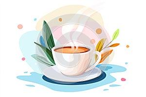 Steaming cup of coffee on blue background with coffee beans