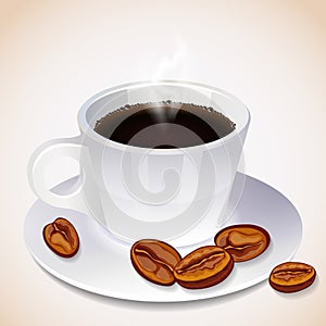 A steaming cup of coffee and coffee beans