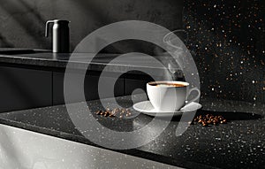 A steaming cup of coffee with latte art on a saucer decorated with coffee beans, on a rustic wooden table in a cozy