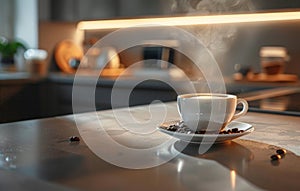 A steaming cup of coffee with latte art on a saucer decorated with coffee beans, on a rustic wooden table in a cozy