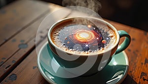 A steaming cup of coffee on a rustic wooden table,