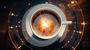 A steaming cup of coffee on a saucer, resting on a table