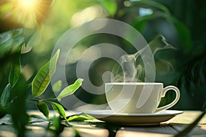 Steaming cup of coffee in the sunlight on a wooden surface surrounded by green foliage in a serene setting