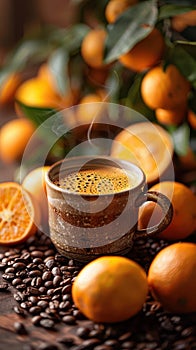 A steaming cup of coffee surrounded by bright oranges and aromatic coffee beans on a rustic table