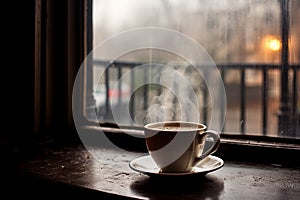 Steaming cup of coffee on window sill. Generative AI photo