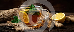 The steaming cup of ginger tea with lemon and fresh mint leaves. AI generated image