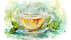 Steaming cup of herb tea freshly brewed to soothe the senses, with a sprig of mint on the side