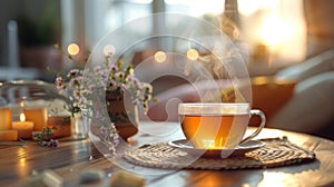 A steaming cup of herbal tea surrounded by a calming and zeninspired decor evoking a sense of peace and relaxation photo