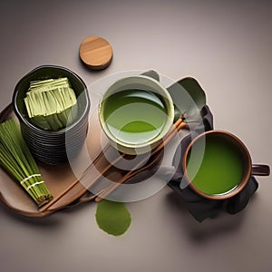 A steaming cup of matcha green tea with a traditional Japanese tea set1