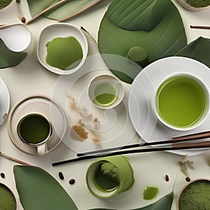 A steaming cup of matcha green tea with a traditional Japanese tea set3