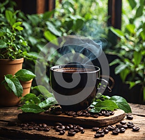 A steaming cup of rich, dark coffee sits on a rustic wooden table, surrounded by vibrant green plants and a warm, cozy atmosphere.