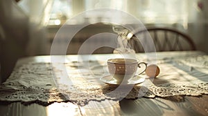 Steaming cup of tea and orange on a table with shadows from a window. Concept of peaceful morning, calmness, cozy