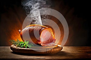 steaming delicious easter ham on wooden board