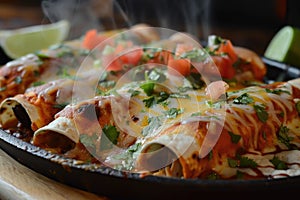 Steaming Enchiladas Verdes with Melting Cheese and Fresh Herbs on Skillet