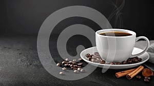 Steaming espresso cup with fragrant cinnamon and roasted coffee beans for aromatic delight