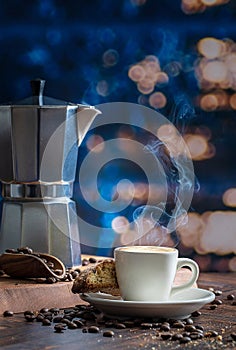 Steaming Espresso in Demitasse Cup with Biscotti