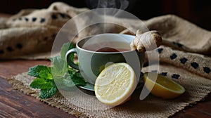 Steaming ginger tea lemon mint rustic cup wooden table