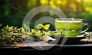 Steaming green tea cup surrounded by fresh leaves on a rustic surface with a soft focus greenery backdrop, symbolizing