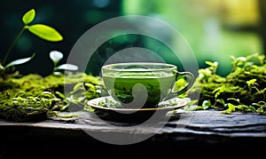 Steaming green tea cup surrounded by fresh leaves on a rustic surface with a soft focus greenery backdrop, symbolizing