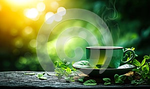 Steaming green tea cup surrounded by fresh leaves on a rustic surface with a soft focus greenery backdrop, symbolizing