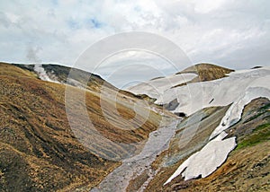 Steaming ground in active geothermal area Jokultungur, Laugavegur Trail from Thorsmork to Landmannalaugar, Highlands of Iceland