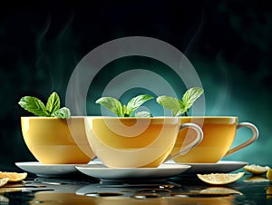 Steaming herbal tea in yellow cups with fresh mint and lemon slices photo