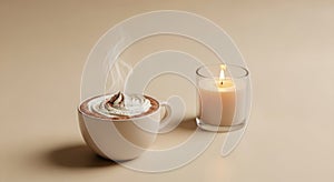 Steaming hot chocolate with cream and lit candle on neutral background