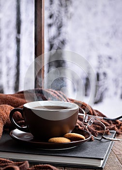 Steaming hot cup of coffee or tea by a window