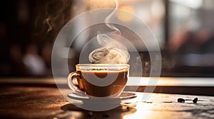 Steaming Hot Cup of Coffee on Wooden Table in Busy Coffeehouse