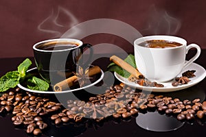 Steaming Hot Cups of Coffee with Roasted Beans