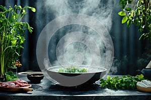 Steaming hot pot with fresh vegetables and herbs in rustic setting